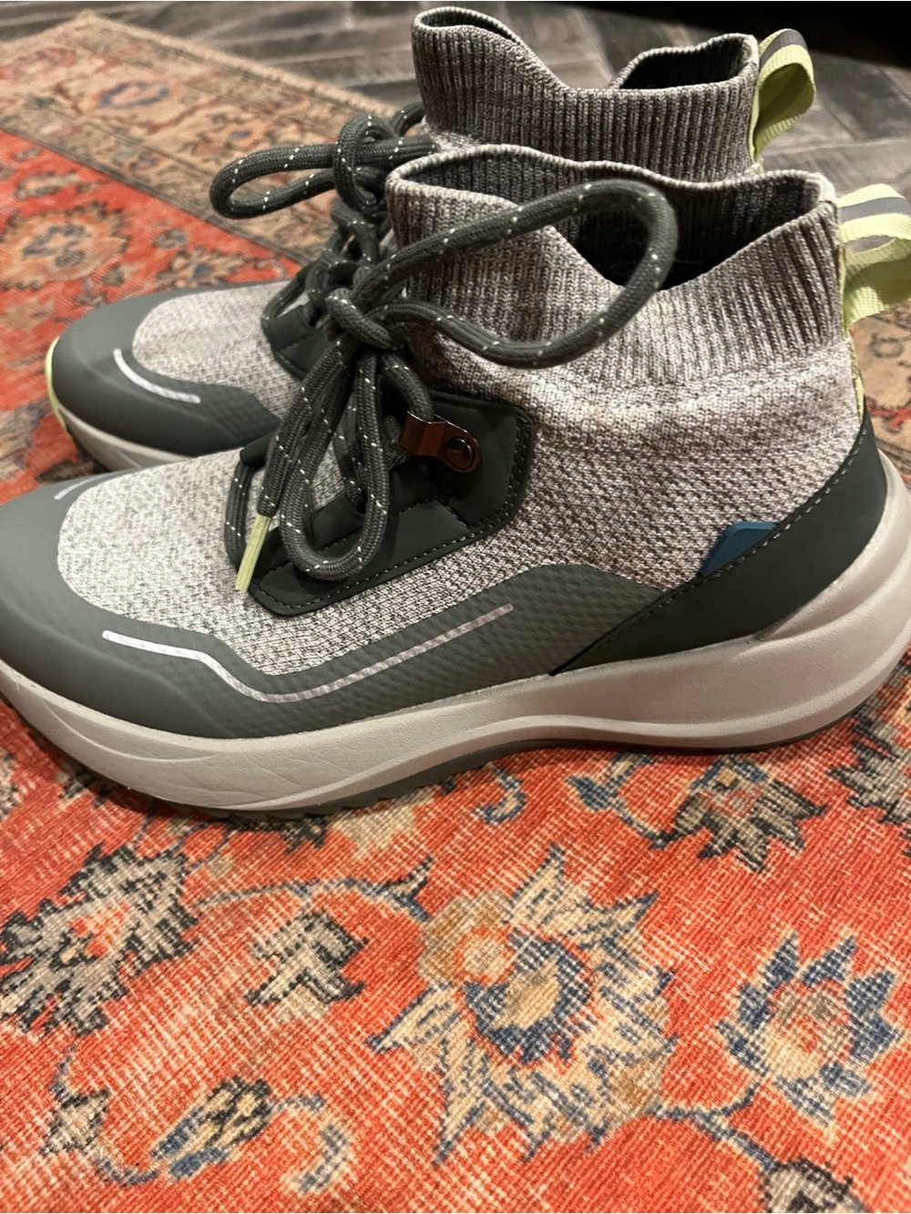 Vessi Grey Knit Ankle Boots with Olive and Lime Accents - Picture 3 of 14